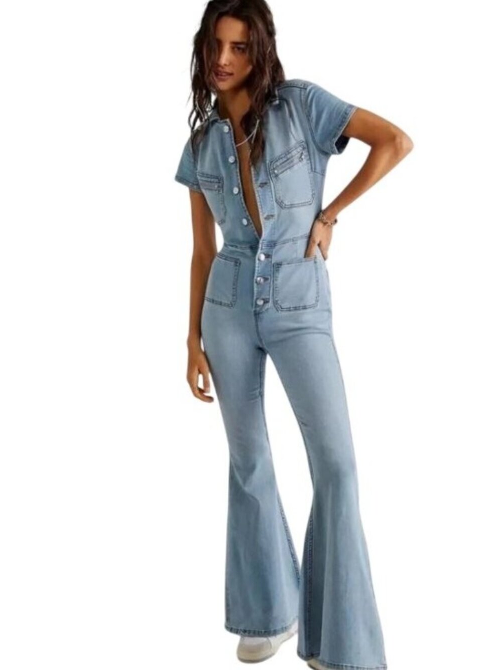 Free People Women's Flare Jumpsuit M Denim Bell Bottom Hearts Beat Retro Boho